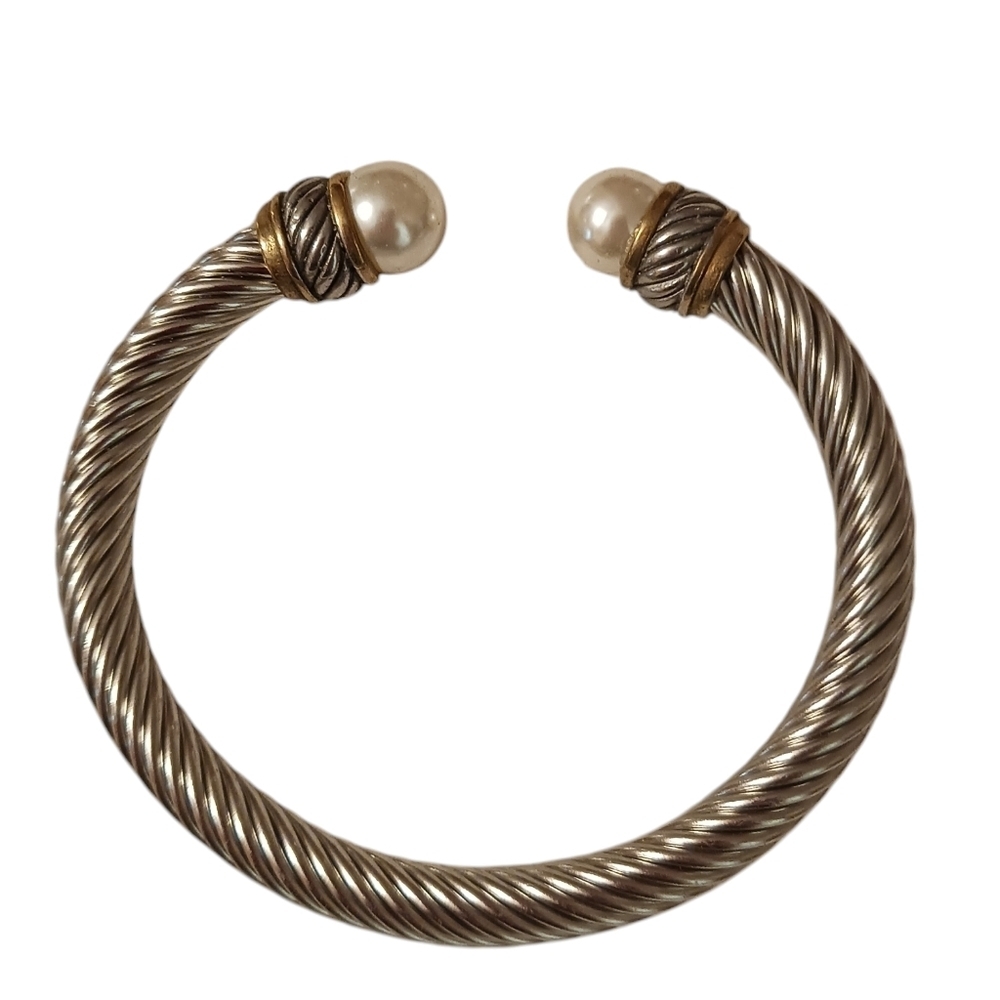 Silver Toned Cuff Unisex Bracelet Gold & Faux Pearl  Accents Simple Elegant